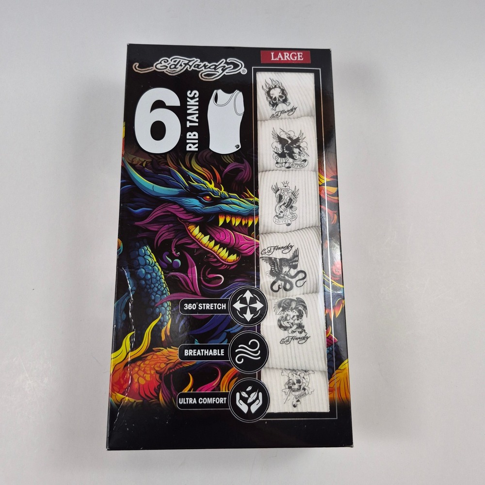 Ed Hardy Mens 6 Pack Ribbed Tank Tops White Tattoo Graphic Large NIB
